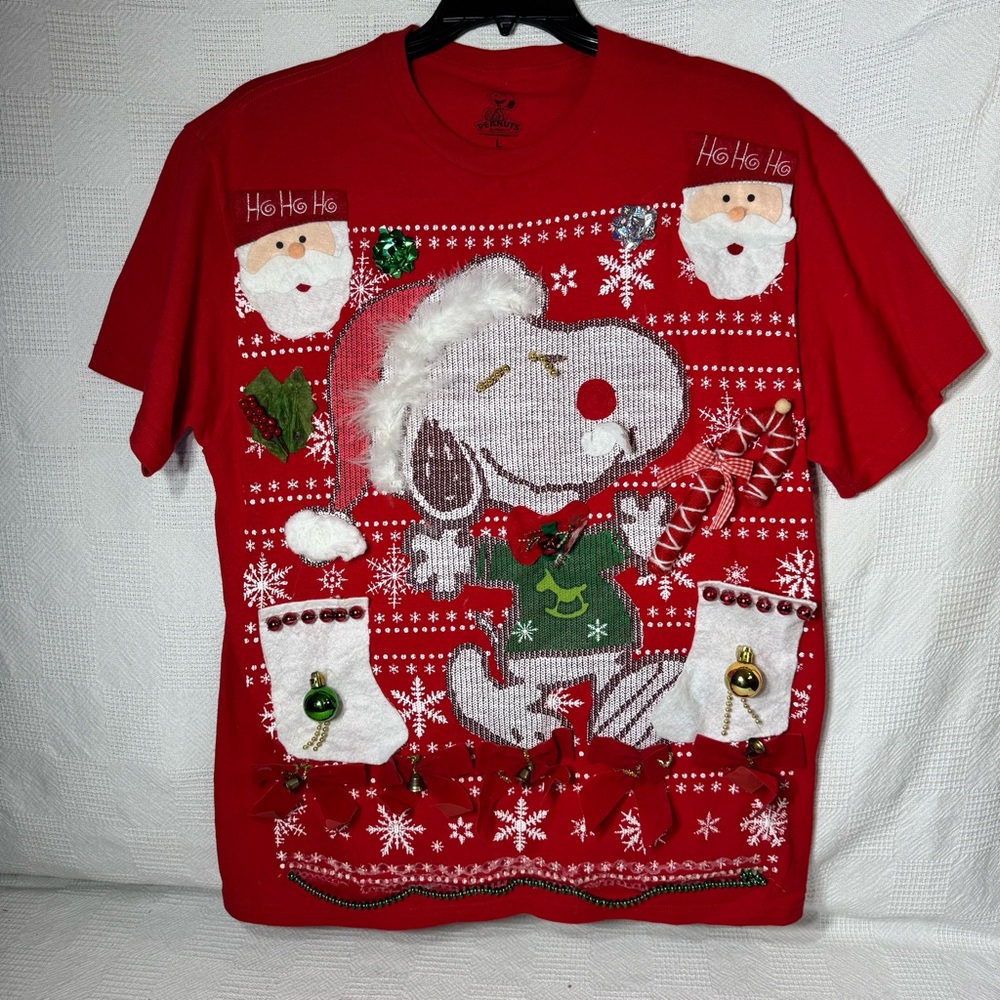 Peanuts Snoopy Snowflakes Christmas Red White Holiday Short‎ Sleeve T-shirt Sz L